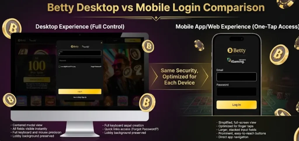 A comparison of Betty's desktop and mobile login interfaces highlighting device-specific UI optimizations to demonstrate a seamless and secure user experience across all platforms.