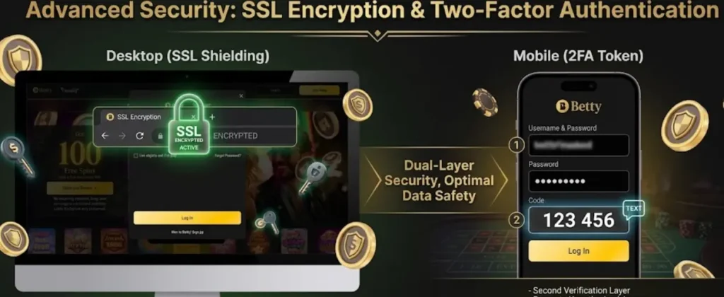 An infographic showcasing advanced security features like SSL encryption on desktop and two-factor authentication on mobile, highlighting dual-layer protection to ensure optimal user data safety and secure account access.