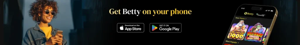 Betty Casino mobile app promotion banner with App Store and Google Play download links.
