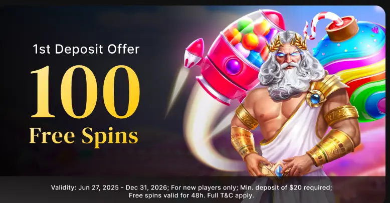 Betty Casino 1st Deposit Offer banner with 100 free spins for new players