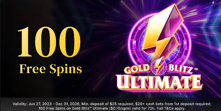 Betty Casino promotion for 100 Free Spins on the Gold Blitz Ultimate slot game with deposit terms.