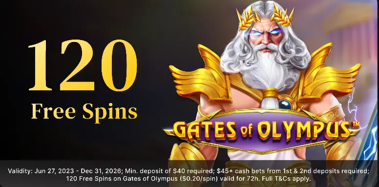Betty Casino promotion for 120 Free Spins on the Gates of Olympus slot game.