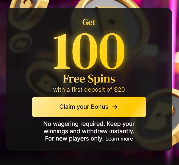 Betty Casino welcome bonus offer of 100 wager-free spins on a first deposit for new players.