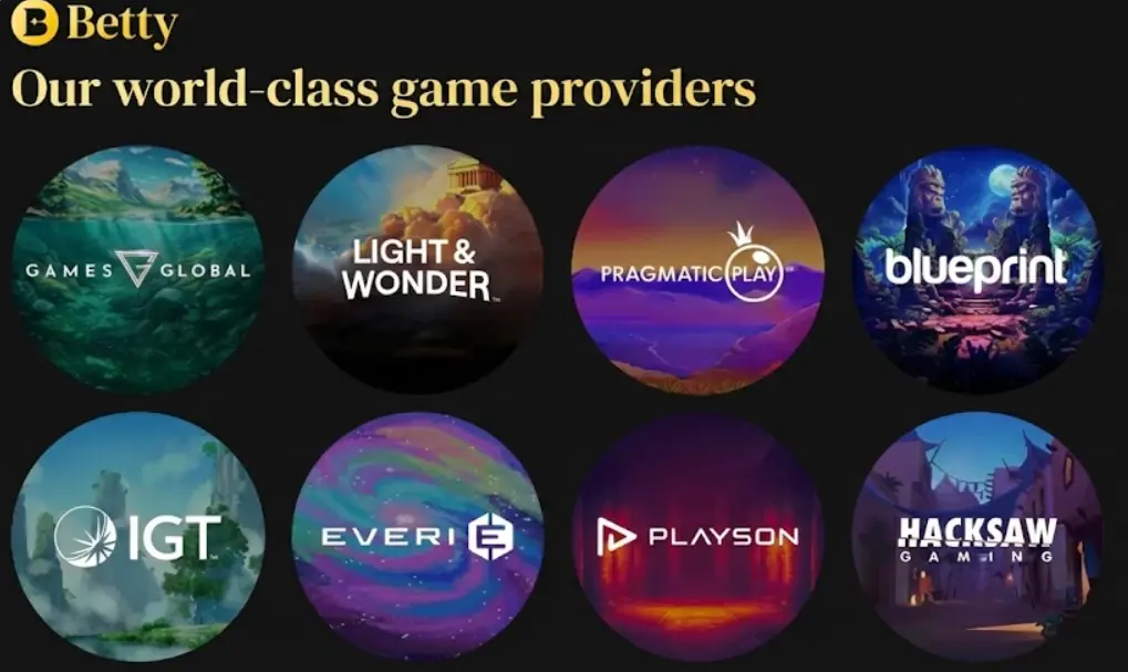 Betty Casino world-class game provider logos, highlighting top software partners like Pragmatic Play.