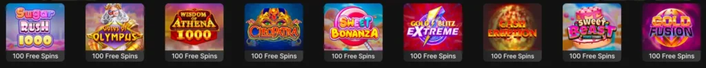 Selection of top slots at Betty Casino, all featuring a 100 free spins bonus offer.