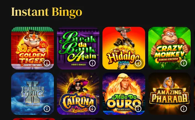 A selection of Instant Bingo games at Betty Casino, showing diverse gaming options.