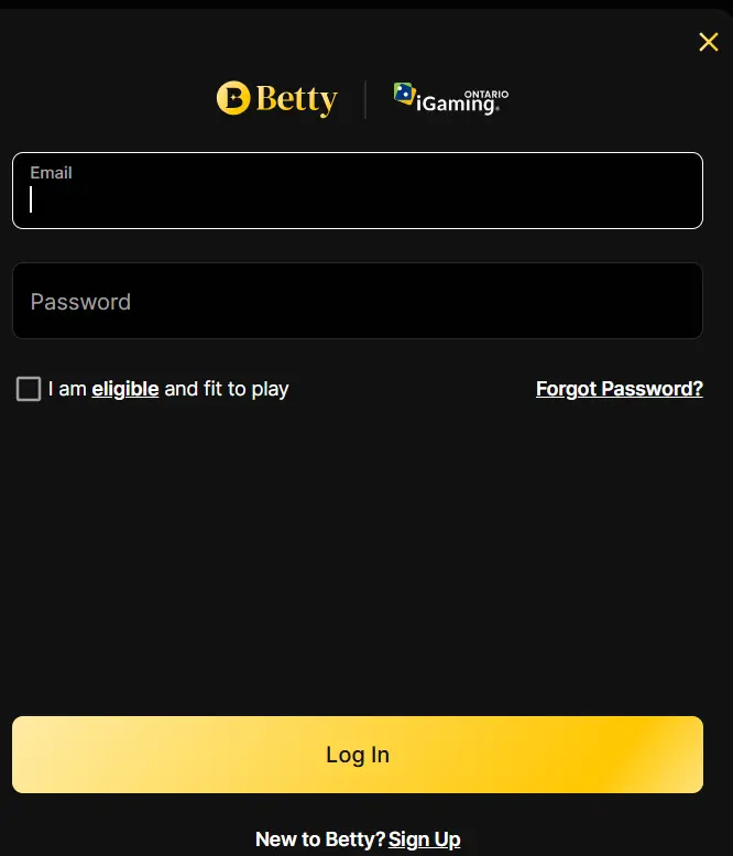 Betty Casino login form pop-up for existing players to access their accounts.