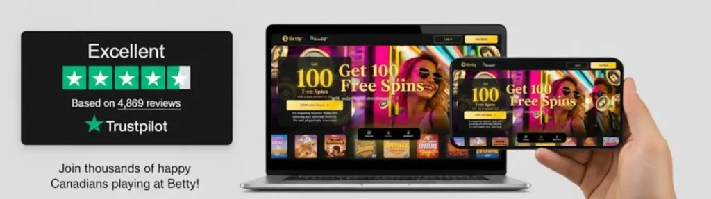 Betty Casino review banner with Trustpilot rating, desktop and mobile site views for Canadians.