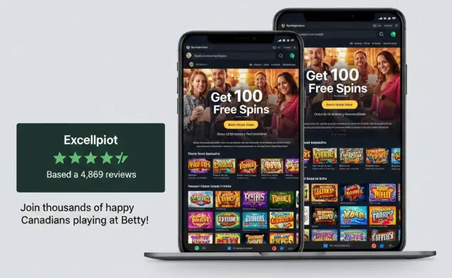 Betty Casino promotional banner featuring 100 free spins and positive Trustpilot user reviews.