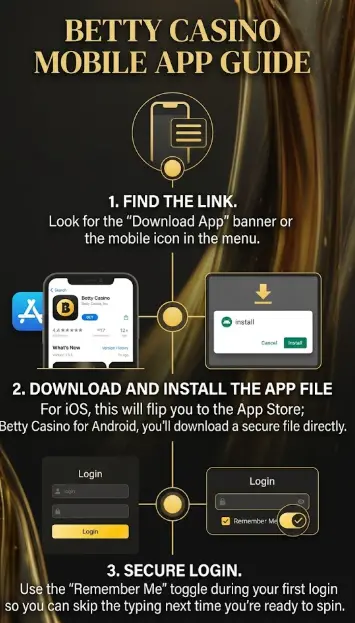 A mobile app guide for Betty Casino explaining download and login steps for iOS and Android.