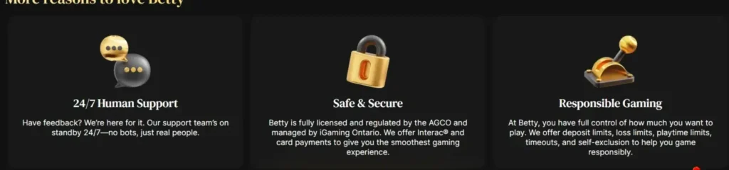 Betty Casino's commitment to 24/7 player support, safety, and responsible gaming.