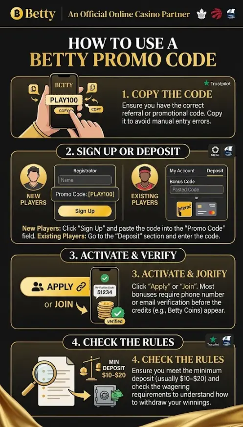 Betty Casino banner showing a 100 free spins welcome offer for new Ontario players.