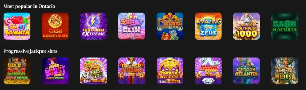 Betty Casino popular slots and progressive jackpots grid, showcasing top games in Ontario.