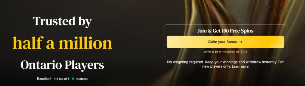 Promo banner for Ontario players featuring a 100 free spins bonus with no wagering requirements.
