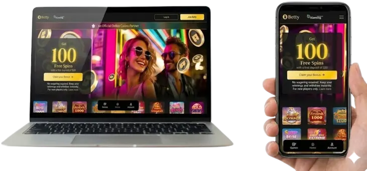Betty Casino site on laptop and phone, showing the 100 free spins offer and mobile accessibility.
