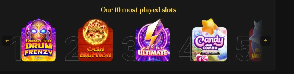 Top 10 most played slot games at Hollywin Casino showcasing popular titles for players.